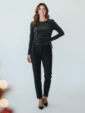 Bigwater Blue Sky Black Long-Sleeve Metallic Shimmer Top Adjustable Side Size M